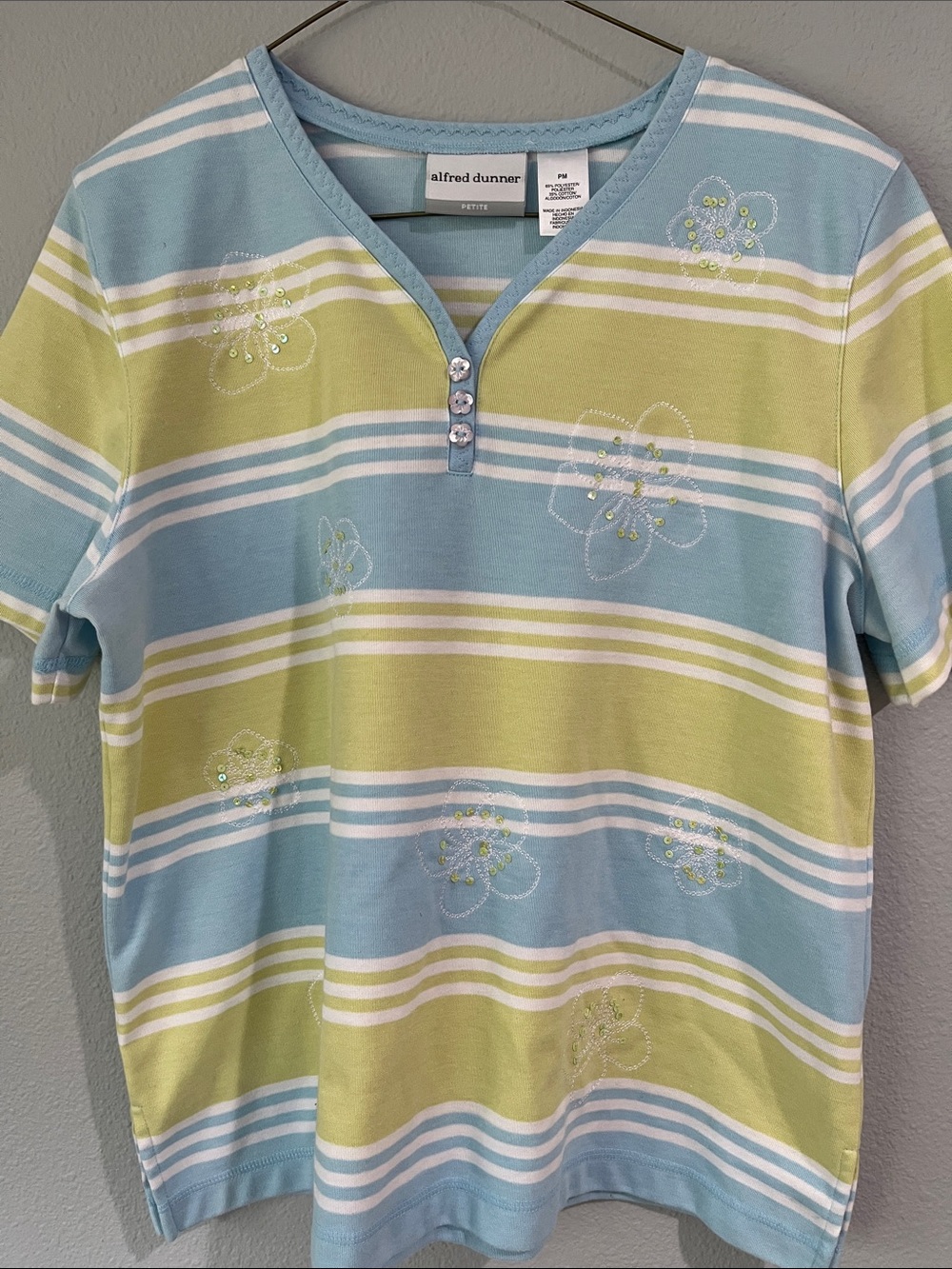 Alfred Dunner Embroidered Floral Striped Short Sleeve Tee w/ shoulder pads